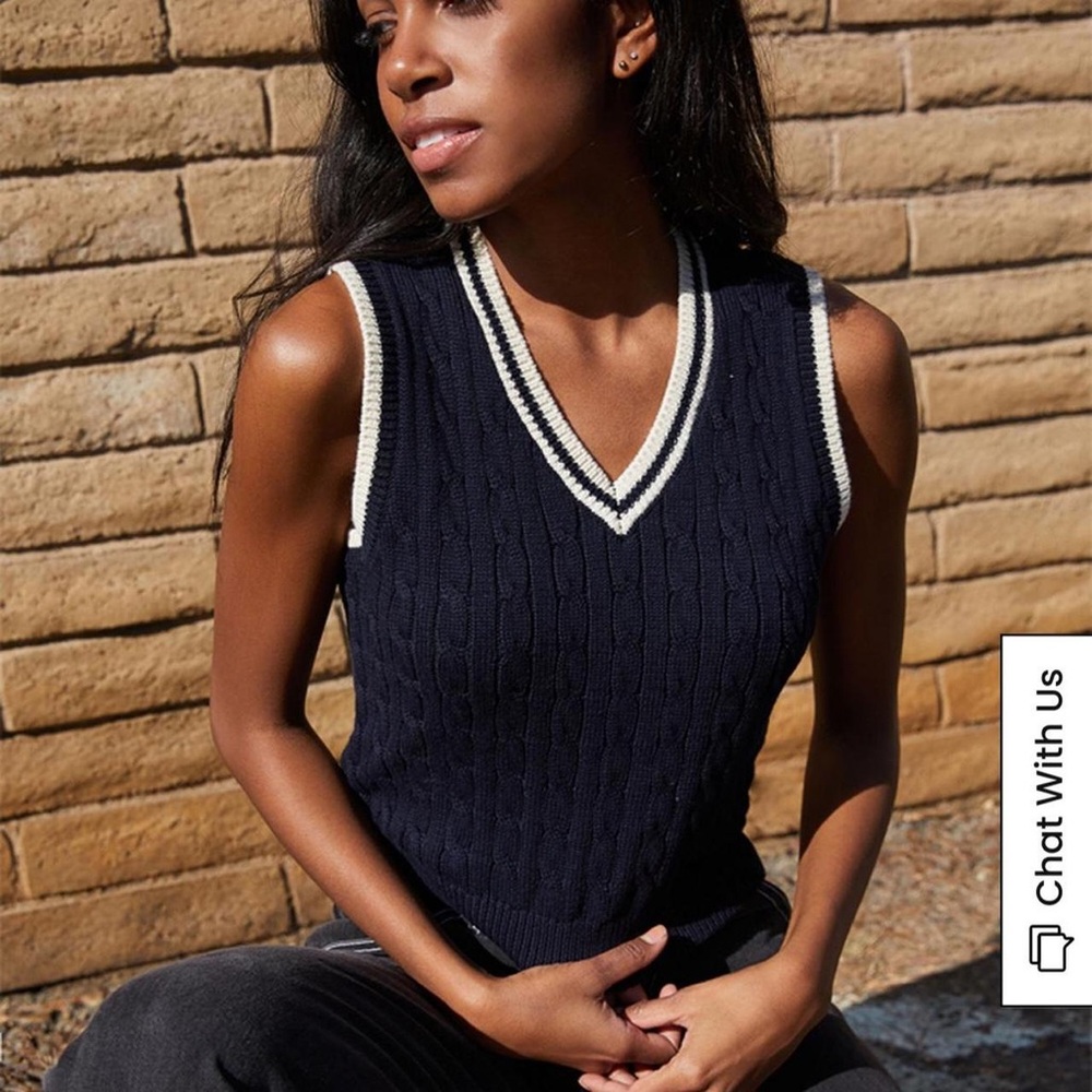 Brandy Melville Black Cable Knit Vest with White Trim